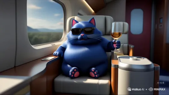 3D动画风格，画面主体是拟人的一只蓝色的胖猫，耳朵内侧为粉色，有着白色的胡须和粉色的鼻子坐着高铁商务座手里拿着装满饮料的高脚杯。戴着墨镜。 by Hailuo AI Video Generator