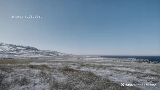 视角平稳，时间为1212年12月12日12时12分12秒一直显示与视频左上角,字体使用arial字体，一直显示于视频左上角，字号偏小，从海平面上升平稳的来到草原，高度靠近地面，视角高度靠近地面，天气是晴朗但是寒风呼啸大雪飞扬，向前100米后望向天空，然后天空布满乌云，天空中央有一颗121.2米半径的圆形火球落下划破天空，坠入地面，扬起大量沙尘，然后视角被火球撞击地面产生的沙尘暴导致视角模糊，然后视角向后仰，视角变黑 by Hailuo AI Video Generator