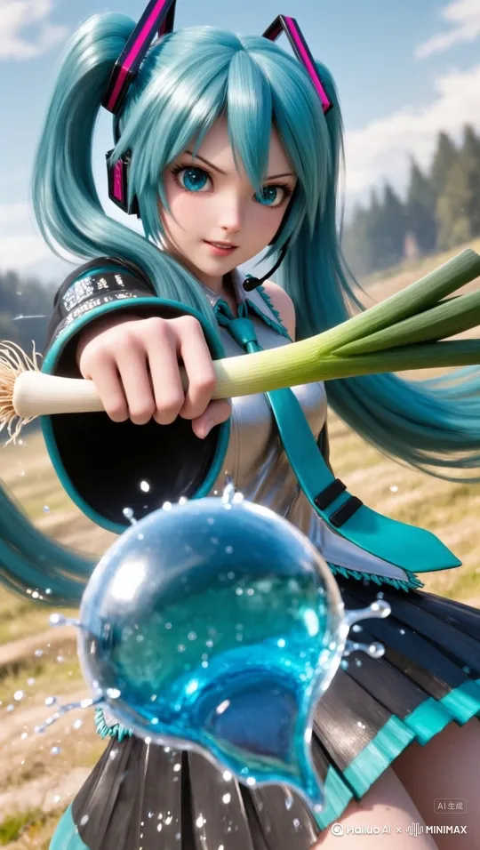 少女将大葱重重砸向一只蓝色水球，水球向周围爆开，水花飞射 by Hailuo AI Video Generator