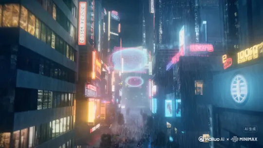 生成一个未来赛博朋克城市的全景，霓虹灯光在雨中反射，空中漂浮着全息广告，人群穿着高科技服装穿梭，镜头从高空俯冲至街道细节，电影感光影，8K超现实主义风格 by Hailuo AI Video Generator