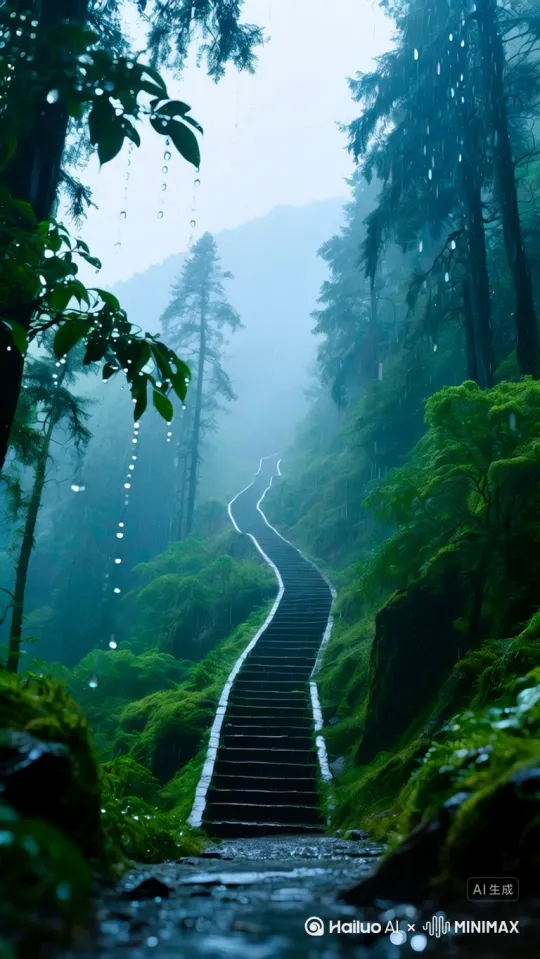 雨一直下，树叶在雨水冲刷下摇曳，远处有薄雾飘动[推出,上升,下摇]。电影质感 by Hailuo AI Video Generator