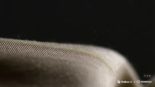 风格描述：极度放大的微小物体和生物，强调纹理和细节的精细结构，镜头偶尔失焦再对焦到新细节，有轻微的浮尘粒子在空气中漂浮，主体速干面料，吸收水分迅速干燥的功能。水珠掉在面料表面，面料随风起伏飘动，被沾湿的面料迅速干燥， by Hailuo AI Video Generator