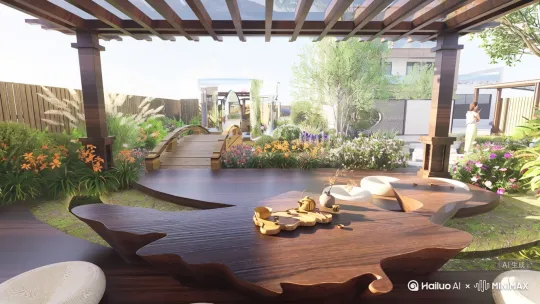 开始：以低角度缓慢推进镜头，捕捉到地面上的鹅卵石小径和两旁的绿植。
转移：平稳上升镜头，展现庭院的全貌，包括花坛、小水池和休闲座椅。
特写：平稳过渡到庭院中心的花坛，进行特写拍摄，捕捉花朵的细节和昆虫的互动。
拉远：从花坛缓慢拉远镜头，展示庭院的整体布局，包括凉亭和背景中的树木。
横移：水平移动镜头，跟随庭院中的小径，展现两侧的景观灯和装饰性雕塑。
旋转：在庭院中心位置，进行360度旋转拍摄，让观众感受到庭院的空间感和氛围。
结束：缓慢下降镜头，聚焦于庭院中的小水池，捕捉水面倒影和周围环境的和谐之美。 by Hailuo AI Video Generator
