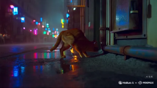 镜头1
[左移,推进,右摇](绝望雨夜）
 
- 场景：赛博朋克街道，雨水打湿地面，霓虹灯在雨里晕成彩色光斑，地面反光。
​
- 主体：右耳残缺的橘猫，拖着断裂机械后腿（关节冒橙色火花），湿漉漉毛发贴身。它瘸腿躲进废弃实验室角落，蜷缩时脊背发抖，生锈管道滴水砸在背上。
​
- 音效：淅沥雨声+金属刮擦的尖锐声+猫咪弱哀鸣。 by Hailuo AI Video Generator