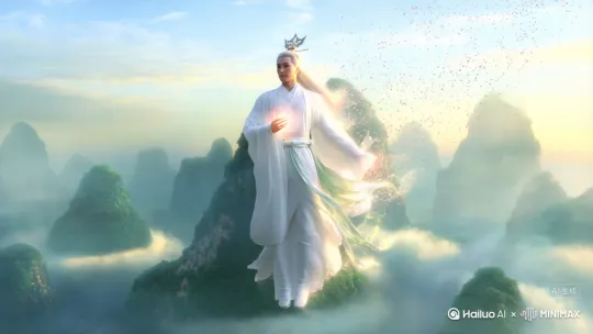 Ultrawide shot, an immortal Chinese Taoist master with silver hair in flowing white hanfu, gliding through misty emerald mountains. Ethereal silk robes billowing in slow motion, celadon ribbons floating weightlessly. Phoenix crown hairpin, glowing qi aura around hands. Dynamic camera circling around figure, cherry blossom petals swirling in air, volumetric clouds underfoot. Soft morning light with golden rim glow, wuxia fantasy style. Trending on Douyin, cinematic 9:16 aspect ratio, 24fps film grain --ar 9:16 --style raw --s 60 --v 6.0 by Hailuo AI Video Generator