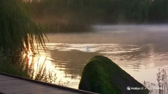 “清晨的阳光透过薄雾洒在宁静的湖边,湖面泛着细碎的金光。岸边的垂柳随风轻摆,枝条偶尔触碰水面,激起一圈圈涟漪。一只白鹭从远处的芦苇丛中飞起,翅膀掠过水面,带起几滴水珠,随后盘旋着落在一块露出水面的青石上,低头梳理着羽毛。不远处的木栈道上,一位老人牵着金毛犬慢慢走过,金毛犬兴奋地摇着尾巴,不时停下嗅闻路边的野花。” by Hailuo AI Video Generator