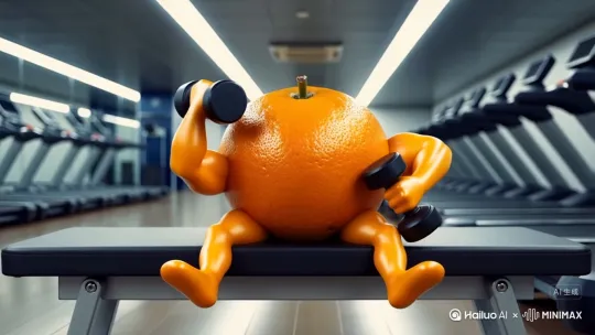 一个橘子长出了四只，正在健身房健身。 by Hailuo AI Video Generator