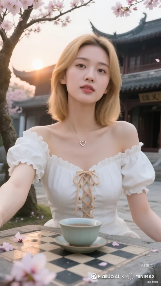 运镜与视角：自拍第一人称近景，开场镜头聚焦年轻女性上半身，短时间内完成轻微镜头晃动（模拟手持自拍的随性），展现从人物主体到 “蜀汉茶寮” 场景的快速扫摄 。
人物呈现：齐肩金色长发自然垂落，面容贴合白鹿神韵，穿着带木耳边、绑带的白色一字肩泡泡袖短上衣，心形项链点缀，利用短上衣贴合曲线、胸部饱满的视觉，配合微微挺胸动作，突出体态与服装对比，做轻抬右手臂 。左手保持不动。风度面部表情，俏皮可爱。 by Hailuo AI Video Generator