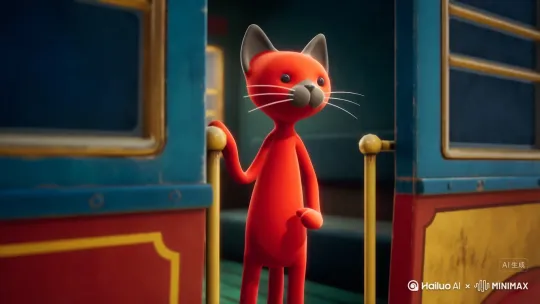 3D渲染的红色拟人化猫咪，高瘦身材，灰色鼻子和内耳，白色胡须，猫咪站在手摇轨道车上左顾右盼，左手抓着围栏，3D动漫风格，线条圆润柔和，色彩鲜亮 by Hailuo AI Video Generator