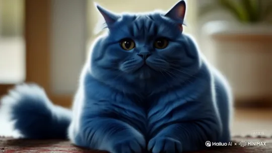 一个蓝色的 胖猫向镜头打招呼并说话 by Hailuo AI Video Generator