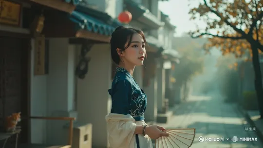 基础版指令（通用型）主题：古风女子漫步街景动态视频
核心描述：
初始画面：静态特写（手持折扇的侧脸，参考原图人像）
动作序列：
镜头推近时女子睫毛微颤睁眼（0.5秒）
手腕翻转展开折扇（扇面需出现水墨竹叶图案）
缓步前行时裙摆摆动幅度≤15°（保持优雅感）
场景细节：
背景：青石板路+两侧木质仿唐建筑
光影：丁达尔效应阳光+枫叶投影晃动
动态元素：三花猫从廊柱后探头，灯笼穗子随风右倾20°
技术参数：
时长：8秒
帧率：24fps
画风：新国风厚涂（类似《江南百景图》色彩饱和度）
进阶版指令（电影级）镜头语言：
开场：大光圈浅景深（f/1.4模拟），焦点从扇骨移至瞳孔
转场：扇面展开时用扇形遮罩切换至全景
运镜：
跟拍时使用斯坦尼康稳定器效果
路过商铺时镜头短暂左移露出"茶"字招牌（品牌可替换）
特效增强：
女子发丝添加微风粒子效果（强度2/5）
折扇展开时飘落1-2片花瓣（半透明PNG素材叠加）
音频建议：
背景音：古琴泛音+远处集市白噪音（声压级-12dB）
适配不同工具的调整建议
Runway Gen-2：
需上传原图作为首帧
在Motion Parameters设置中：
Camera Motion选"Dolly in"
Action Intensity建议35%
Pika 1.0：
提示词前加"[4K film still]"提升画质
负向提示需包含"western clothing, modern buildings"
Sora（若可用）：
可追加时序描述：
"在视频第6秒时，女子突然回眸浅笑，左手将扇子举至眉梢遮挡阳光" by Hailuo AI Video Generator