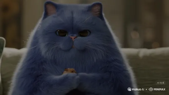 一只蓝色的胖猫手上拿着一个小仓鼠面对镜头展示。 by Hailuo AI Video Generator
