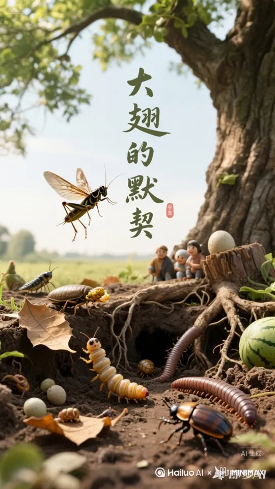 有个小故事能说明它们的共存智慧：村头的老槐树下，住着一只油亮的蟋蟀“大翅”，它的领地旁，土元“扁扁”一家在落叶下筑巢，蚯蚓“弯弯”在树根处打洞，西瓜虫“团团”们则守在一块朽木旁。
 
一天，一只贪吃的金龟子幼虫钻进土里，啃食槐树的细根，还差点挖到土元的卵囊。大翅最先发现，振动翅膀发出急促的“警告声”，扁扁立刻带着家人用身体挡住卵囊，弯弯则从另一侧钻过来，用蠕动的身体把金龟子幼虫往地表“推”，团团们趁机爬过去，用硬壳撞得幼虫晕头转向。等大翅跳过去，用大颚钳住幼虫的头时，大家已经配合着把“入侵者”逼到了开阔地——最终，这只害虫成了大翅的“加餐”，而扁扁一家、弯弯和团团们，又各自回到岗位，继续在老槐树下共享这片小天地。
 
可见，只要习性互补、互不伤害，小生物们总能找到共存的默契呢。 by Hailuo AI Video Generator