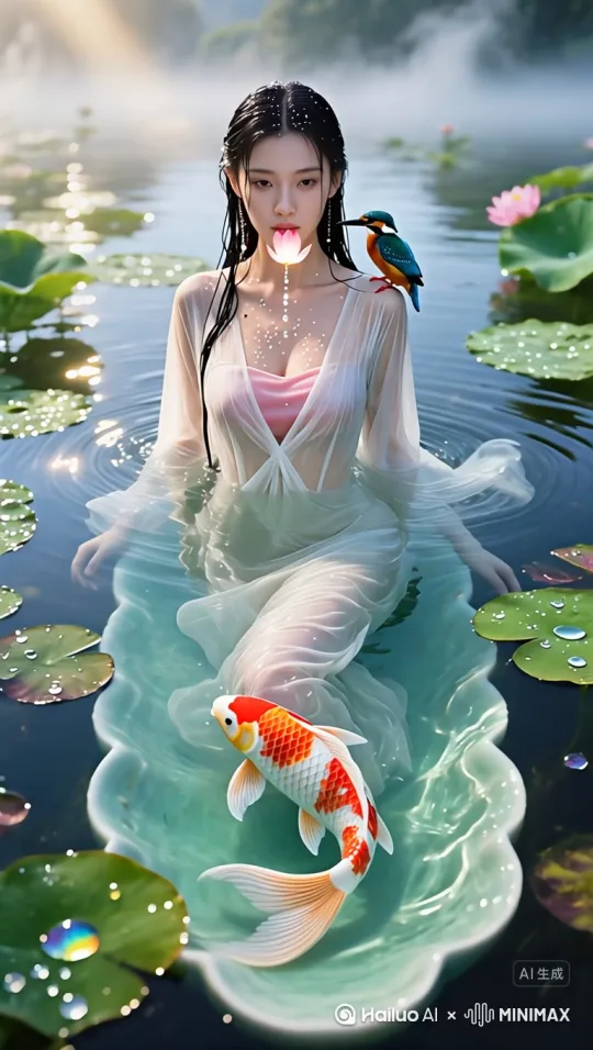 超清摄影，江南少女从青瓷莲花池中浮出水面，湿发如墨披散，水珠沿脖颈滑落。身穿半透明素白齐胸襦裙，可见粉荷色抹胸，衣带如水草漂浮。面容似初绽白芍药，唇衔发光荷瓣，肩站蓝羽翠鸟。水面倒影破碎成金鳞，水下双腿渐变为锦鲤尾，莲叶露珠折射彩虹光。拍摄于清晨荷塘，柔光透过雾气，富士GFX100s f/1.4拍摄 --ar 9:16 --style raw --v 6[下降,上摇] by Hailuo AI Video Generator
