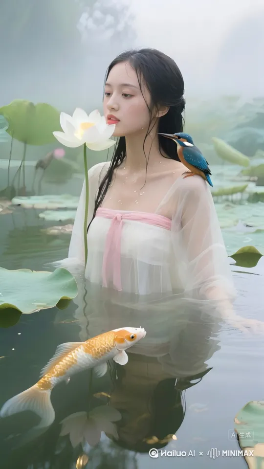 超清摄影，江南少女从青瓷莲花池中浮出水面，湿发如墨披散，水珠沿脖颈滑落。身穿半透明素白齐胸襦裙，可见粉荷色抹胸，衣带如水草漂浮。面容似初绽白芍药，唇衔发光荷瓣，肩站蓝羽翠鸟。水面倒影破碎成金鳞，水下双腿渐变为锦鲤尾，莲叶露珠折射彩虹光。拍摄于清晨荷塘，柔光透过雾气，富士GFX100s f/1.4拍摄 --ar 9:16 --style raw --v 6[下降,上摇][左移,推进,右摇] by Hailuo AI Video Generator