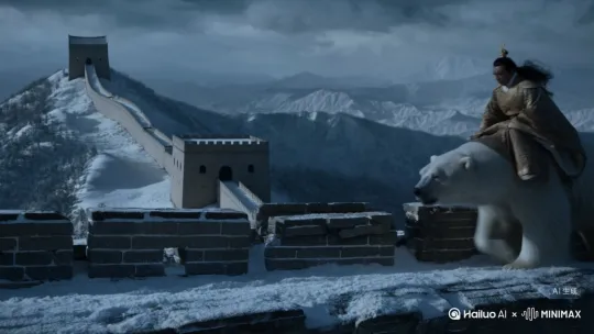 秦始皇骑着一头北极熊在长城上奔跑，周围白雪皑皑，视频有音乐伴奏 by Hailuo AI Video Generator