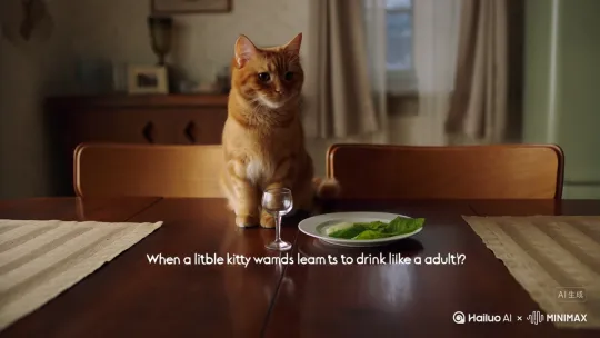 橘猫蹲在餐桌前，桌上摆着迷你酒杯和小碟青菜
    字幕："当小猫咪也想学大人喝酒” by Hailuo AI Video Generator