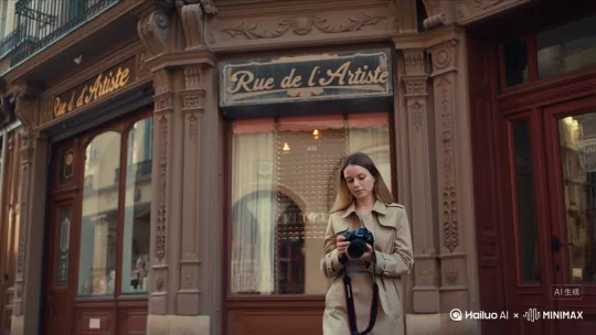 欧洲咖啡店街区，复古路牌标注"Rue de l'Artiste"字样，镜头从俯拍路牌缓缓下摇至中景，[下降,上摇]，中景是年轻女性穿着米色风衣站在咖啡店门口，[左移,右摇,跟随]手举黑色单反相机专注调整拍摄角度，柔和自然光照亮建筑立面雕花纹路，画面充满文艺气息。风格为胶片电影质感 by Hailuo AI Video Generator