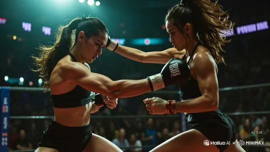 两位美女在擂台比赛，他们动作灵敏，左边的美女 右勾拳 右边的美女迅速闪躲 by Hailuo AI Video Generator