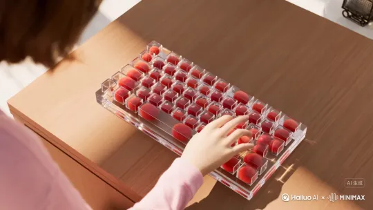 1.视频类型：ASMR视频；
2.画面主体：俯拍一个超级逼真、精致的、玻璃材质，每个键盘里面都包含着不同的荔枝，键盘上的字母保留 整体是可爱治愈的 ，荔枝红，放在木制桌面上，手敲击着键盘
3.背景环境为亮的室内环境，强力补光灯光；
5.景别为：［特写镜头］； by Hailuo AI Video Generator