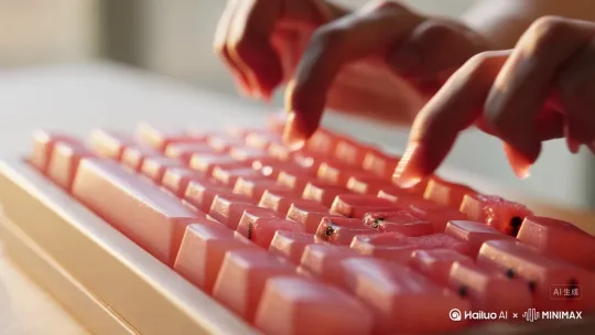 这是一部制作精美的视频，旨在营造一种清甜、多汁且能巧妙触发ASMR（自发性知觉经络反应）的体验。在温暖明亮的自然光线下，超写实的微距镜头聚焦于一个独特的机械键盘，它的每一个键帽都由新鲜多汁的西瓜瓤精心切割制成。键帽表面的粉红色果肉晶莹剔透，黑色的瓜籽点缀其间，汁水在表面形成诱人的光泽。一双纤细优雅的手正在键盘上轻柔移动，有节奏地向下按压这些果肉按键。每一次精准的下按，都会让手指轻微压入柔软湿润的瓜瓤中，甜美的汁液从果肉纤维间缓缓渗出，沿着手指和键帽边缘滴落。光线在湿润的果肉表面折射出诱人的粉红光泽，营造出一种清新甜腻、生机勃勃的夏日氛围。 by Hailuo AI Video Generator