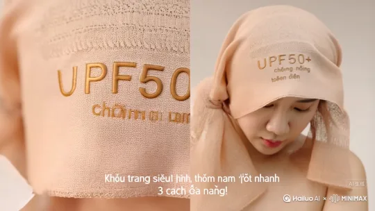 4-8秒：核心功能展示
• 视觉文本：产品标签「UPF50+ chống nắng toàn diện」
• 字幕文本："Khẩu trang siêu mát lạnh, thấm hút nhanh, 3 cách đeo đa năng!"
（中文翻译：超冰爽头巾，快速吸汗，3种佩戴方式！）
• 画面元素：
• 冰感测试：冰块在头巾上融化特写
• 多场景切换：海滩度假→摩托车通勤→户外购物 by Hailuo AI Video Generator