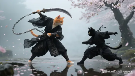 环绕镜头，两只猫在进行激烈的决斗，火光四起。镜头慢慢向橘猫脸部推进，最后橘猫退后一步，然后从嘴里喷出猛烈的火焰 by Hailuo AI Video Generator