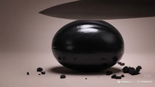 一把普通的金属刀切开一个黑曜石西瓜，刀口整齐，碎片自然散落，背景干净简约，光影柔和，整体风格写实而安静。 by Hailuo AI Video Generator