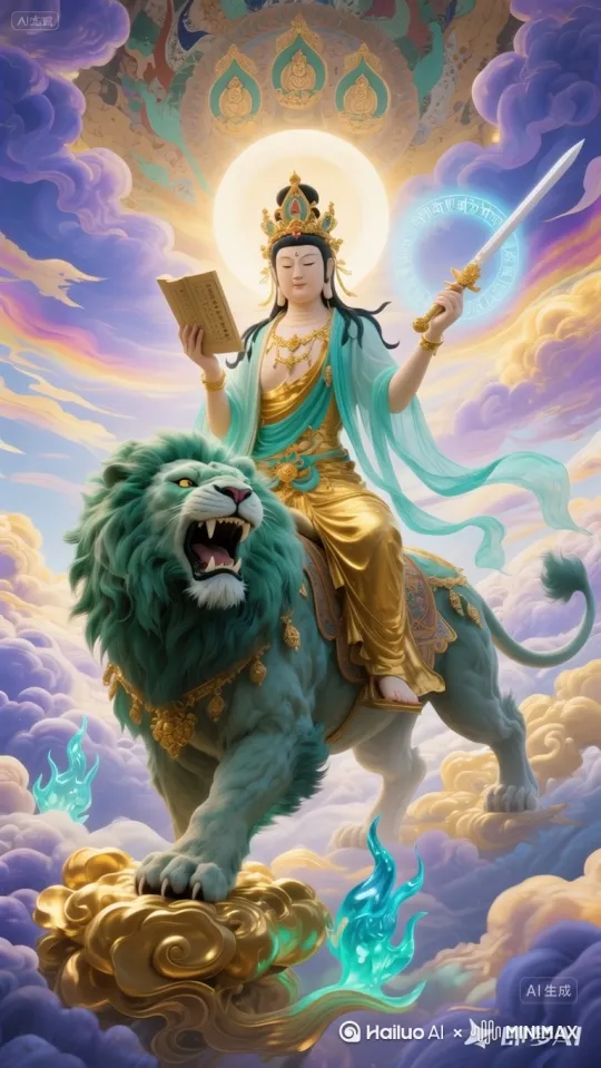 **提示语：**
以提供的文殊菩萨骑狮图为基，生成一段高质量电影短片：展现金身文殊菩萨乘青毛狮子自天界威严降临的神圣场景。

**核心要求：**
1.  **核心动作：**
    *   文殊菩萨与青狮作为**整体**，从画面**顶部中央的云端深处**（原图背景上方）沿**稍带弧度的斜线轨迹**（如：左上→右下），以**庄严缓慢且稳定**的速度向画面**中下方**降落。
    *   青狮四足呈现**踏云而行**的交替动作（幅度小且优雅），狮首保持微昂，鬃毛与尾部有飘逸感。
    *   文殊菩萨**身躯稳坐**，但**手持的智慧宝剑尖端可带微弱蓝色流光轨迹**，**经卷书页轻微翻动**。
2.  **仙气动态（核心！）：**
    *   **衣袂翻飞：** 菩萨的**天衣、薄纱、飘带必须呈现高强度、流畅的向上飘扬效果**，仿佛承受天风！（最关键效果）
    *   **神兽威仪：** 青狮**碧玉鬃毛随风波动**，**足下金色祥云/青色琉璃火焰持续燃烧扩散**，**狮口呼出的瑞气如白色飘带向后流动**。
    *   **光晕流转：** 菩萨周身的**金色智慧光晕缓慢波动**，**宝剑的蓝色梵文流光若隐若现**。
    *   **环境互动：** 背景的**七彩祥云大幅翻滚、流动、消散**，伴随**稀疏的金色/青色光尘粒子**向上飘散。菩萨与狮子经过处，**云层自然排开形成路径**。
3.  **镜头运动：**
    *   采用**缓慢的、稳定的向后拉远（Zoom Out）镜头**，同时伴随**极其轻微的向下倾斜（Tilt Down）**。模拟地面信徒仰视神迹逐渐接近的震撼感。镜头运动必须丝滑流畅。
    *   （或）**固定宏伟仰角镜头**，让菩萨与狮在画面中由小变大（更显压迫感）。
4.  **氛围与节奏：**
    *   **节奏：** 极度舒缓、庄严、充满力量感（狮）与智慧感（菩萨）。
    *   **光影：** 保持原图神圣明亮的柔光，突出金青色调。
    *   **音效（若支持）：** 添加低沉梵音、狮吼回响（悠远不突兀）、经卷翻页声与空灵背景乐。
5.  **技术参数：** 高分辨率(1080p+)，流畅(30fps)，时长6-10秒。

**负面提示（至关重要）：**
避免：画面抖动，镜头剧烈晃动，动作卡顿，菩萨或狮子五官扭曲变形，衣料僵硬（塑料感），狮子毛色错误（非青毛），坐骑与菩萨分离感，现代元素，恐怖感，速度过快，闪烁，低画质，模糊，杂兵或无关人物。 by Hailuo AI Video Generator