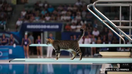televised footage of a cat is doing an acrobatic dive into a swimming pool at the olympics, from a 10m high diving board, flips and spins by Hailuo AI Video Generator