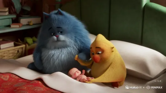 一一只蓝色的胖猫在床上生孩子奶龙抓着他一只手深情的望着他生出来的孩子就是他们两个的混合体。 by Hailuo AI Video Generator