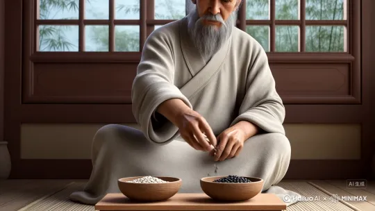 白黑豆
《性理》：古人澄治思虑，于坐处置两器，每起一善念则投白豆一粒于器中，每起一恶念则投黑豆一粒于器中。初时黑豆多白豆少，后白豆多黑豆少，后来遂不复有黑豆，最后虽白豆亦无之 。 by Hailuo AI Video Generator