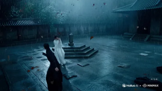 [俯拍→环绕]暴雨倾盆的古寺院落，枯叶狂舞。白衣侠客长剑直刺，黑衣刀客旋身格挡，刀剑相撞火星迸射！[变焦推进]白衣眼神凌厉，[慢镜头0.5秒]雨滴在剑刃碎裂，[急速左摇]黑衣腾空劈刀斩裂石柱！电影级武侠，慢动作接快切，暗青色调，1080P高清 by Hailuo AI Video Generator