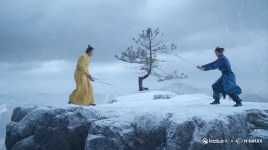 [全景拉远]雪山悬崖狂风卷雪，两人持剑对立。[突进]黄衣侠客腾空三连斩击，蓝衣后翻闪避，剑气削断枯松！[低角度仰拍]蓝衣反手刺剑擦过对方脖颈，[镜头晃动]碎石飞溅中双剑交鸣！徐克风格冷色调，动态模糊，6秒高潮 by Hailuo AI Video Generator