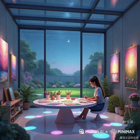 窗外流行划过，几个小精灵来到窗前，想看看女孩在画什么内容 by Hailuo AI Video Generator