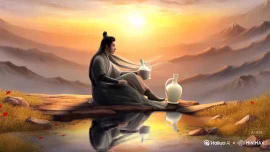 1. 开篇镜头（黄昏饮酒
提示词（中文）：  
「黄昏，古装侠客独坐悬崖边，手持青瓷酒壶仰头饮酒，暖金色晚霞渲染天空，远处层叠山峦如水墨晕染，秋风吹动衣袍与长发，落叶飘零，电影级光影，8K超现实古风」  

技术参数建议：  
- 风格：中国风+超现实
- 运镜：慢推镜头
- 色调：暖黄+琥珀色
技术参数建议：  
- 特效：流体模拟
- 动态：慢动作
3. 转场镜头（岁月流逝） 
提示词（中文）：  
「特写：侠客的黑发渐生银丝，镜头拉远映出水中倒影，倒影里青年变老者，四周秋叶化为冬雪，时间流逝感，胶片颗粒质感」  
技术参数建议：  
- 过渡：溶解转场 
- 艺术风格：中国水墨画  
4. 结尾镜头（诗意留白）  
提示词（中文）：  
「空酒壶滚落草丛，壶口残留一滴酒映出最后一缕霞光，镜头升至星空，银河与诗句浮现，书法字体，敦煌壁画色调」   
整体增强参数
- 工具推荐：Runway（Gen-2运动控制）、Pika（长镜头优化）  
- 统一设定：  
  - 画幅比例：16:9（--ar 16:9）  
  - 帧率：24fps（--fps 24）  
  - 关键词强化：添加「--chaos 30」增加画面随机诗意感 by Hailuo AI Video Generator