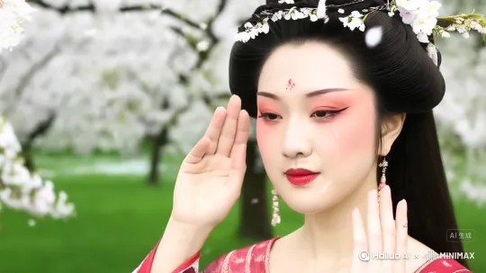 让她演唱《梨花颂》经典选段：梨花开，春带雨；梨花落，春入泥。 by Hailuo AI Video Generator