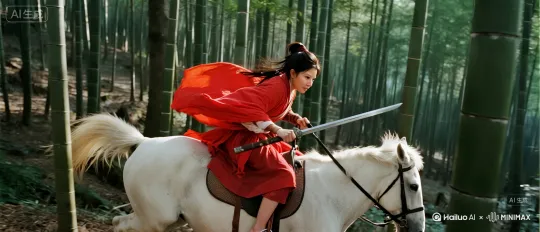 人物骑在白马上面快速在竹林里穿梭，武侠电影拍摄，写实。真实拍摄[右移,跟随] by Hailuo AI Video Generator