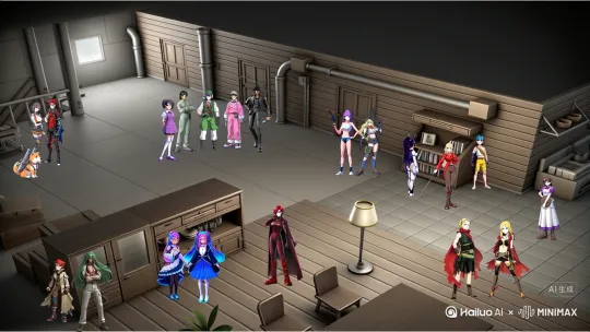 [固定镜头]主体：与输入图片一致的所有人物，包含穿着休闲装、特色服饰等各类造型角色期望运动：自然小幅度活动，进行日常交流、阅读、分享物品、轻拍互动等多元行为背景要求：大客厅场景，保留木质墙面、地板，有灯具、家具、绿植等原有环境元素，营造轻松热闹、充满生活气息的交流氛围运动细节：聊天的人物微微侧头、手部轻抬做手势，偶尔笑着轻拍身旁伙伴的肩膀；看书的人物偶尔翻页、头部小幅度移动调整视角，还会轻声给旁边路过好奇张望的人简单讲讲书中有趣内容；站立的人物身体小幅度晃动、脚轻轻挪动换站姿 ，看到有趣互动会凑过去探头参与交流，有的相互递个小零食分享 ，让人物间互动更丰富鲜活，充满生活感完整提示词：图中所有人物（含多样造型角色），在大客厅场景（保留木质墙面地板、原有家具绿植等）里自然小幅度开展多元活动，聊天者微微侧头、抬手交流还笑着轻拍伙伴肩膀；看书者翻页、调视角，轻声给张望者讲书中趣味；站立者晃身体、挪脚步，凑去参与互动或相互递零食分享，营造轻松热闹、满是生活气息的交流氛围 ，这样通过增添轻拍、分享、交流书中内容等互动，让人物在场景里更有生活关联和互动感，固定镜头。全程保持人物不扭曲，人物不变形。全程[固定镜头]， by Hailuo AI Video Generator