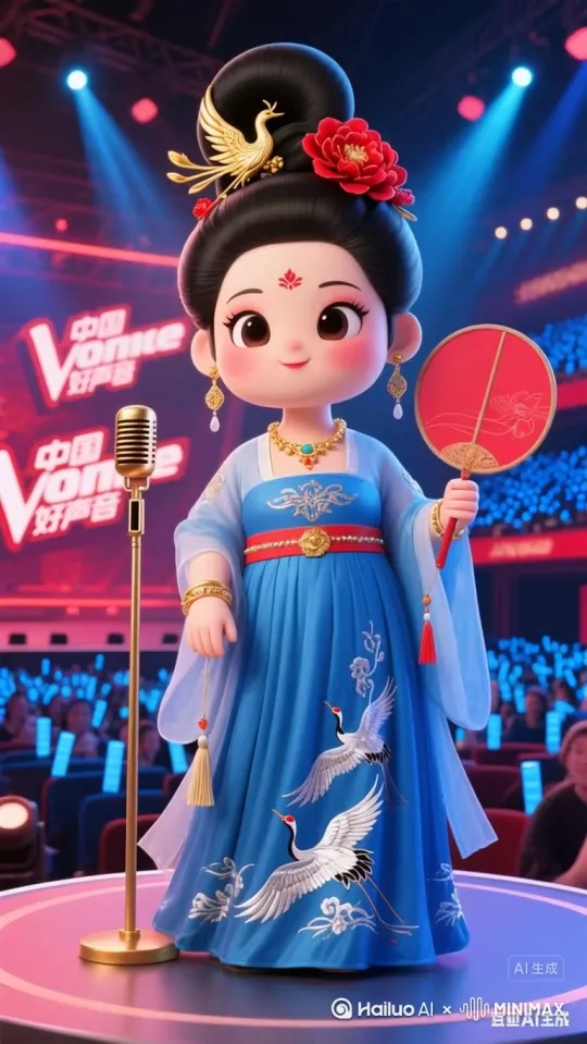 舞台上光影交错，呈暖色调，聚光灯柔和地打在大唐胖贵妃身上。她是3D渲染风格、超现实主义的可爱胖嘟嘟古代女子，五官精致，大眼睛双眼皮，眉为细长柳叶眉且眉色自然，杏仁双眸明亮有神，透着温婉灵动，小巧精致的鼻梁增添面部立体感，唇形饱满涂着鲜红口脂，嘴角微微上扬带着浅笑。头发乌黑亮丽梳成华丽唐代堕马髻，髻上饰有璀璨宝石与珍珠，一侧垂金色链子，另一侧别娇艳牡丹，金质耳坠与之相得益彰。身着浅绿色裙身搭配白色纱衣的传统汉服，营造可爱清新古风氛围。台下观众挥舞荧光棒，热情高涨。贵妃演唱歌曲新贵妃醉酒，歌词是“爱恨就在一瞬间
举杯对月情似天
爱恨两茫茫
问君何时恋
菊花台倒影明月
谁知吾爱心中寒
醉在君王怀
梦回大唐爱” by Hailuo AI Video Generator