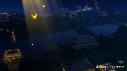 城市生长动画，西安大唐不夜城建筑生成：一道金光从天空落下，随着两只金色的蝴蝶飞起，从画面的左侧金色的线条开始勾勒城市的地基轮廓，然后从画面的左侧第一个建筑开始勾勒轮廓然后到第二个第三个......依次到每个建筑，包含西安大唐不夜城的知名地标建筑、河流、山脉、桥梁等，然后建筑轮廓开始填充《千里江山图》的青绿色彩填充，画面延申，金光闪烁，直到西安的城市完全搭建完成出现成为城市群体，金色粒子环绕建筑，金色蝴蝶飞出画面，，真实的物理结构搭建过程，王希孟《千里江山图》青绿配色配色，国风美学，东方意境，金色勾勒，完美构图、极致光影、暗黑背景，璀璨星空，金色粒子扩散，延时摄影效果 by Hailuo AI Video Generator