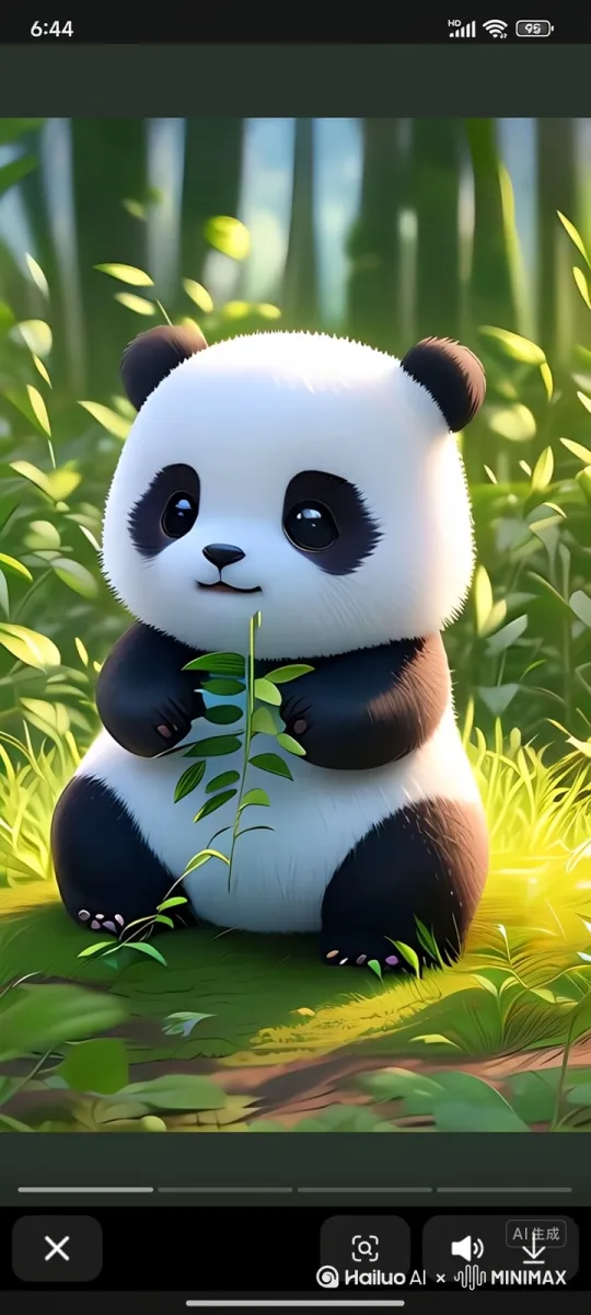 让让熊猫宝宝开心的吃起竹子摇动的脑袋。笨拙的在地上打滚。 by Hailuo AI Video Generator