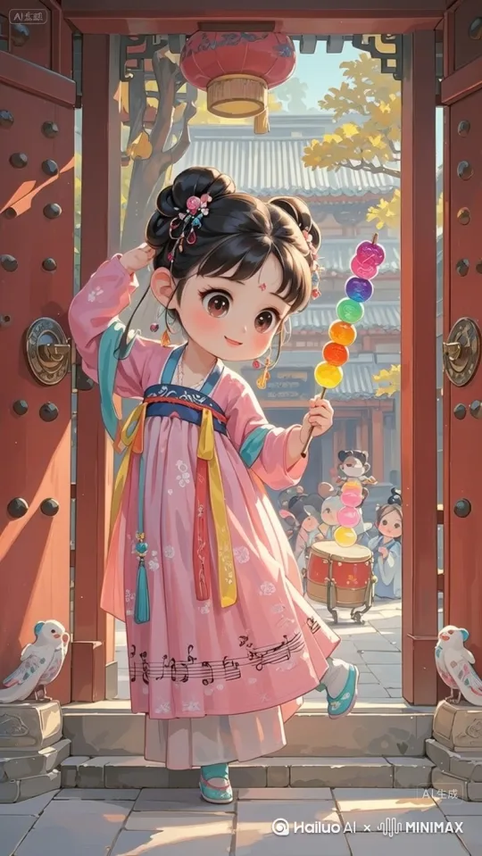 小女孩羞哒哒的从门里走出来 by Hailuo AI Video Generator