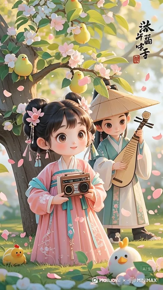 小女孩和男孩在弹琴[推出,上升,下摇] by Hailuo AI Video Generator