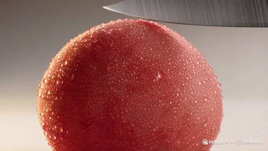 1. 渲染引擎：Cinema 4D + Octane Render（或Blender Cycles）
2. 输出规格：7680×4320@60fps / 16bit色深 / ProRes 4444编码
3. 材质系统：
   - 荔枝表皮：次表面散射（SSS）层 + 微凹凸裂纹贴图（0.1mm级）
   - 水珠：折射率（IOR）1.33 + 接触角湿润模拟
   - 刀具：PBR金属流程（粗糙度0.05，各向异性0.7）
4. 光照方案：HDRI环境光 + 区域光矩阵（主光5600K，辅光4500K） by Hailuo AI Video Generator