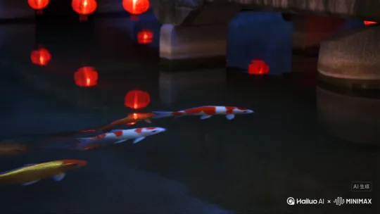 豫园九曲桥长镜头：  
    - 锦鲤群游触发涟漪（水纹扩散算法）  
    - 红灯笼倒影被涟漪打碎又重组（破碎粒子→聚合） by Hailuo AI Video Generator