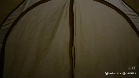 第1人称帐篷内视角，镜头模拟人眼刚睡醒（聚焦）双手抓住帐篷帘向两边掀开，微微的[变焦推进]，外面是一片森林，右侧的树后面走出来一只棕熊，棕熊走到帐篷面前（鼻吐白气），对着镜头竖起中指并且晃动中指 by Hailuo AI Video Generator