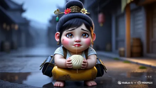 D渲染风格，超现实主义，一个胖嘟嘟很可爱的古代女孩，五官精致，大眼睛双眼皮，眉型为细长的柳叶眉，眉色自然，双眸明亮有神，呈杏仁状，透着温婉灵动之感，鼻梁小巧精致，恰到好处地勾勒出面部立体感，唇形饱满。途有鲜红的口脂，脸上露出委屈难过的表情。她的头发乌黑亮丽，梳成了经典的唐代倭堕髻，倭堕髻插鎏金蔓草纹头饰，发髻高耸且富有层次感，线条优美流畅，一侧别着红色的花，发簪造型繁复，雕琢着精致的花卉或藤蔓纹样，末端垂有小巧绿色的玉坠，随着人物动作微微晃动，另一侧装饰有华丽的金质花钿头饰，增添了几分雍容华贵。
她佩戴着一对精致的耳饰，色泽温润，与整体造型相得益彰。身着黄色破传统汉服，白色裙身，饰有精致花纹，整体营造出一种唯美浪漫的古风氛围，背景，是无人的老街道，下雨天，地上都是泥水，可爱女孩脸上布满眼泪，口水流出来好长，脸颊上有泥巴污渍，蓬头垢面，发型凌乱，蹲在路边。背上背着个破洞黑色的背包，露出胖嘟嘟的小脚丫，手里拿着个大包子在啃，可怜又可爱，高清，哈喇子流下来，背景模糊，固定镜头，近景 by Hailuo AI Video Generator