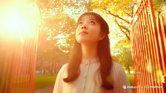 生成一段电影大片：
程冉站在高中校门口，阳光洒在她身上，她抬头看着校门，眼神中带着回忆。镜头从校门缓缓推向程冉，捕捉她脸上的细微表情。程冉走进校园，镜头跟随她的背影，校园里的景色与十年前无异。画面中可以看到校园的树木、教学楼，以及远处的操场。程冉在人群中看到了祁深，他正与其他人交谈，依旧是那样耀眼。镜头从程冉的视角推向祁深，捕捉他的侧脸和微笑。祁深转过头，与程冉对视，两人目光交汇，时间仿佛静止。【（旁白要温柔女声，然后腔调要自然随和些，然后语速不要太快，要慢慢说，吐字清晰）：“28岁的程冉再次遇见了那个惊艳她一整个青春的男生，他依旧是那样耀眼夺目”】镜头捕捉两人对视的瞬间，背景虚化，突出两人的表情。她笑了，笑着笑着眼泪却流了下来，那份久违的心动与委屈交织在一起。程冉从浅笑到眼泪不自觉流下，表情从惊讶到委屈，微表情到位。镜头特写程冉的脸部，捕捉她情绪的微妙变化. by Hailuo AI Video Generator
