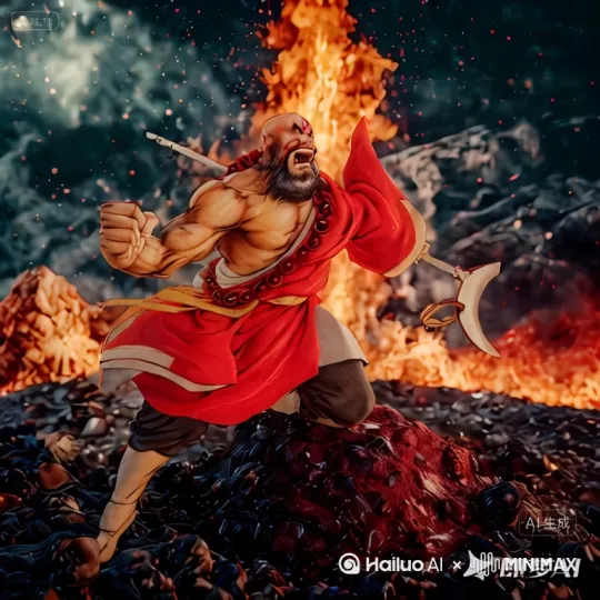 愤怒，身上聚集红色的气，背景火山爆发。用力挥拳打出巨大红色冲击波，贯穿山脉，[右摇,变焦推进][晃动] by Hailuo AI Video Generator